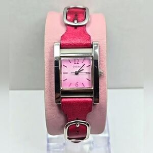 Women Guess Watch Pink Leather Wide Band Cuff Silver Case Quartz New Battery